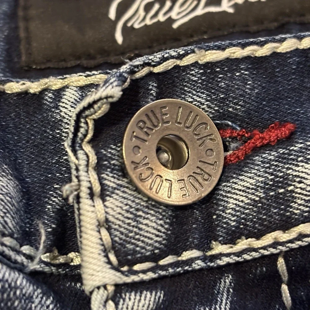 True Luck Jeans Mens 34x30 Dark Distressed Wash Straight Leg Red Stitching Faded